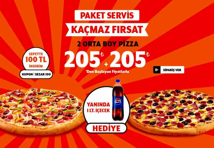 2 Adet Orta Boy Pizza + İçecek (1 L.)