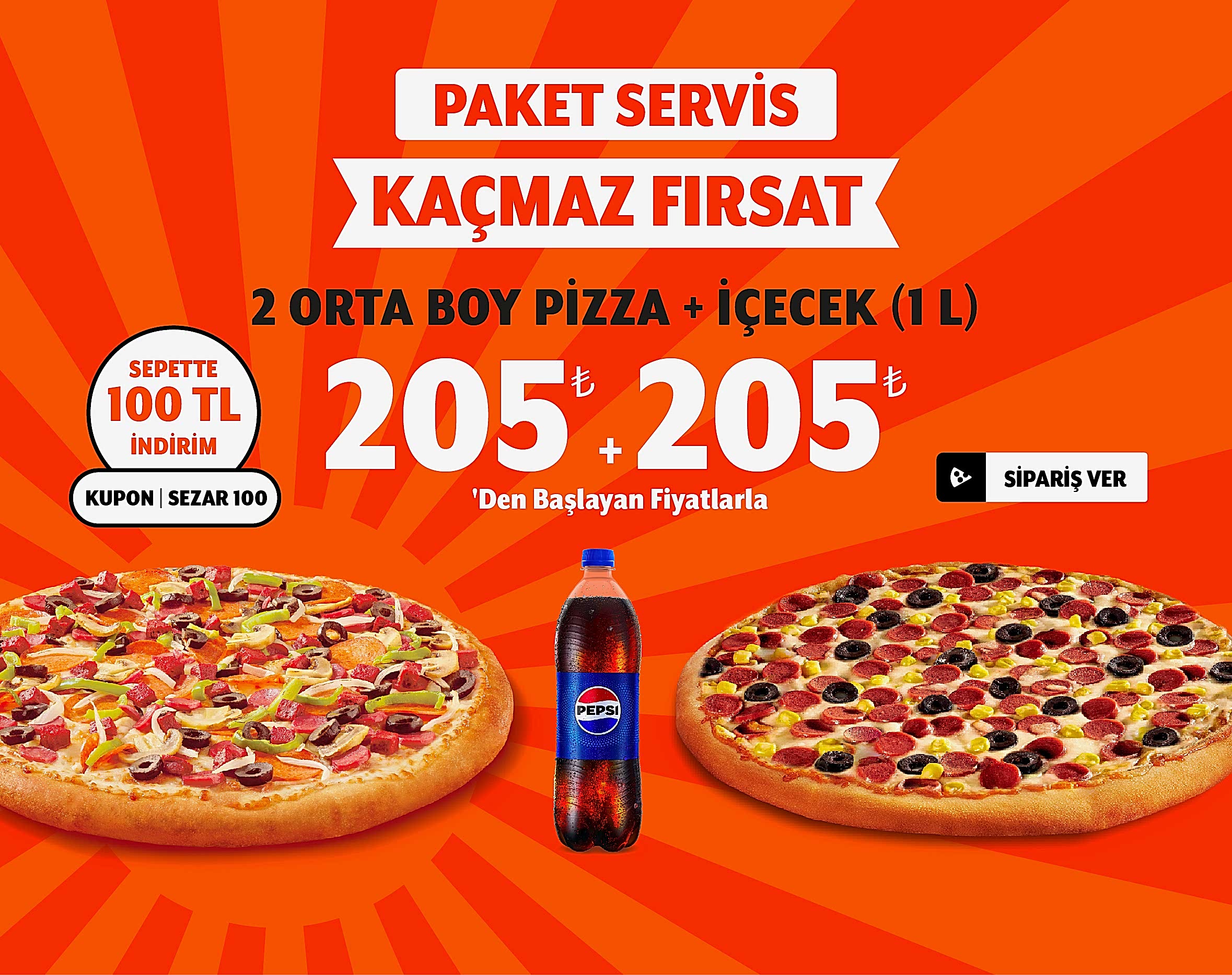 2 Adet Orta Boy Pizza + İçecek (1 L.)